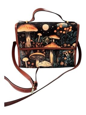 Cottage-Core Mushroom Nightscape Satchel Bag - Brown & Black